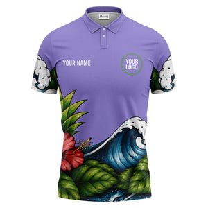 watercolor ocean wave palm leaf hibiscus floral navy blue polo shirt for men
