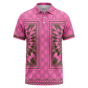 geometric palm leaves checkerboard border polo shirt