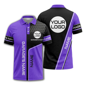 hexagonal grid garage name logo modern automotive polo shirt