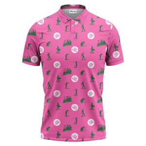 illustrated golfers golf carts repeating on green polo shirt for weekend fairway fun