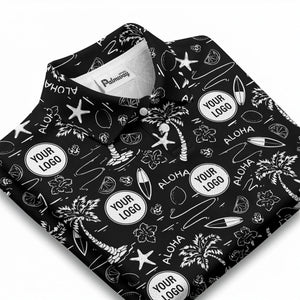 illustrated tropical palm surfboard aloha polo shirt for summer beach vacations