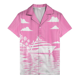 luxury yacht & palm trees tropical beach scene hawaiian shirt