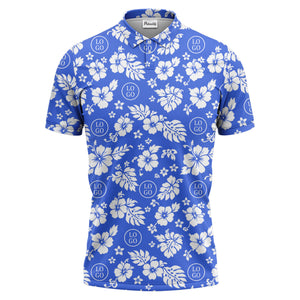 monochrome hawaiian hibiscus flowers & leaves repeat pattern polo shirt