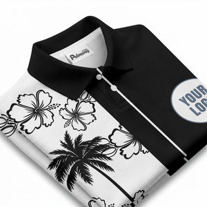 monochrome palm trees & hibiscus hawaiian design polo shirt for men