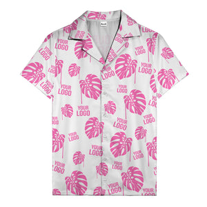 monstera leaves & custom logo repeat black white hawaiian shirt