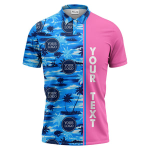 oceanic palm trees & circular logo repeat navy blue tropical beach polo shirt