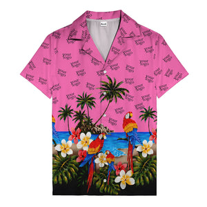 parrot paradise palm trees plumeria beach scene hawaiian shirt