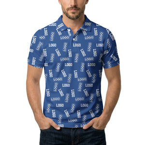 repeating logo splash blue white illustrated fun polo shirt for men