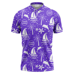sailboats dolphins palm trees starfish repeat pattern black white polo shirt
