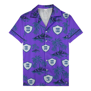 shield logo palm tree island scene navy blue hawaiian shirt for men