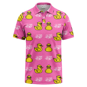 sunglasses rubber duck repeat pattern black yellow fun cartoon golf polo shirt