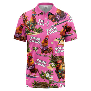surfing roosters surfboards lei palm trees photorealistic polo shirt