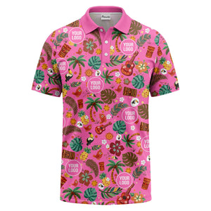 tiki masks palm trees ukuleles watercolor print polo shirt for men