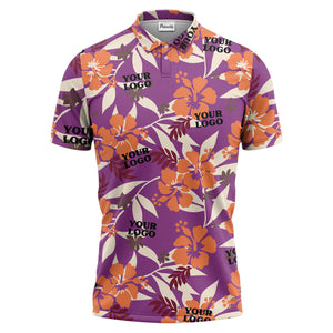 tropical illustrated floral paradise polo shirt bursting with hibiscus and palm leaves
