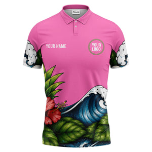 watercolor ocean wave palm leaf hibiscus floral navy blue polo shirt for men