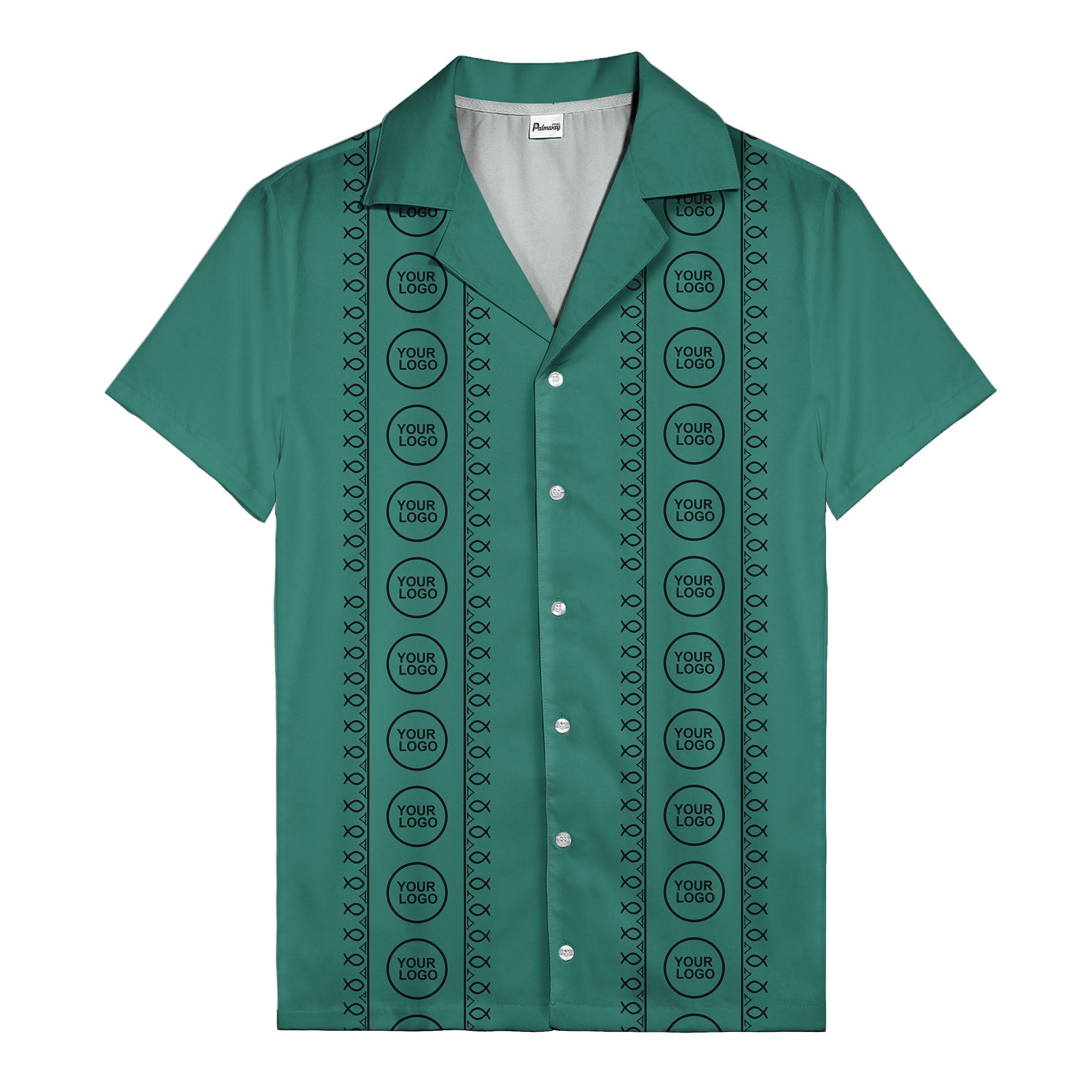 circular logo & fish symbols black hawaiian shirt for men