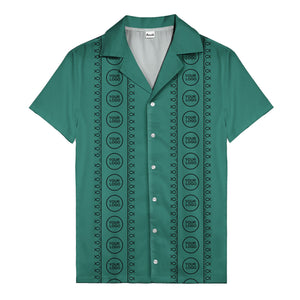 circular logo & fish symbols black hawaiian shirt for men