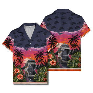 cruise ship sunset palm trees hibiscus flowers hawaiian shirt for men