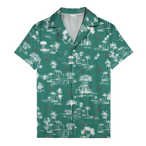 flamingo oasis black palm trees repeat pattern hawaiian shirt for men