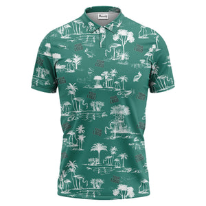 flamingo oasis palm trees sketch pattern black white polo shirt for men