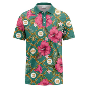 gold chain & pink hibiscus luxury illustrated polo shirt for men