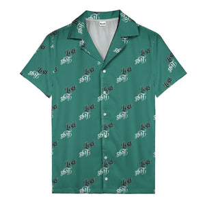 hand-drawn calligraphic script logo repeat black white hawaiian shirt for men