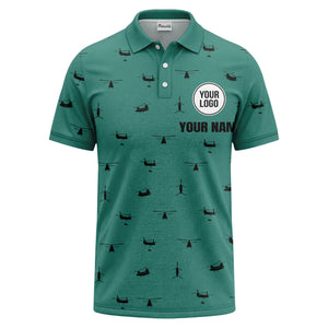 helicopter silhouette repeat pattern custom logo men's aviation polo shirt