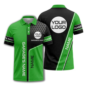 hexagonal grid garage name logo modern automotive polo shirt