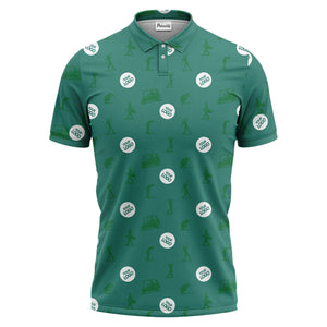 illustrated golfers golf carts repeating on green polo shirt for weekend fairway fun