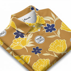 illustrated tropical floral vacation polo shirt splashed with hibiscus leaves