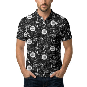 illustrated tropical palm surfboard aloha polo shirt for summer beach vacations