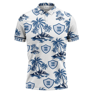 island oasis palm trees & shield logos navy blue tropical polo shirt
