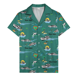 luxury yacht & heart-shaped island cartoon hawaiian shirt