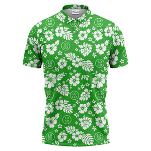 monochrome hawaiian hibiscus flowers & leaves repeat pattern polo shirt