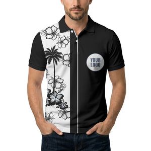 monochrome palm trees & hibiscus hawaiian design polo shirt for men