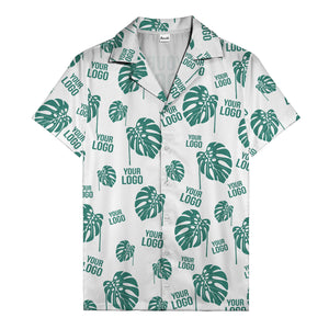 monstera leaves & custom logo repeat black white hawaiian shirt