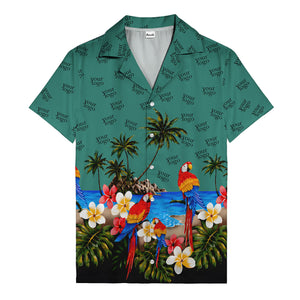 parrot paradise palm trees plumeria beach scene hawaiian shirt