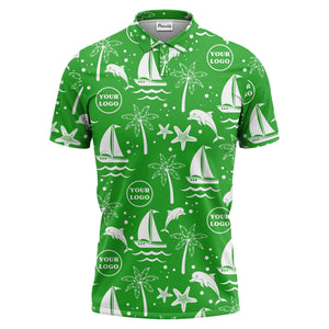 sailboats dolphins palm trees starfish repeat pattern black white polo shirt