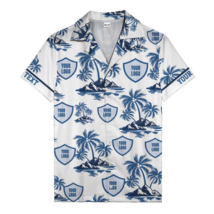 shield logo palm tree island scene navy blue hawaiian shirt for men