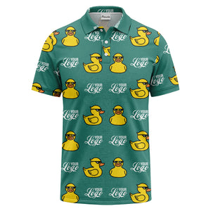 sunglasses rubber duck repeat pattern black yellow fun cartoon golf polo shirt