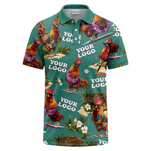 surfing roosters surfboards lei palm trees photorealistic polo shirt