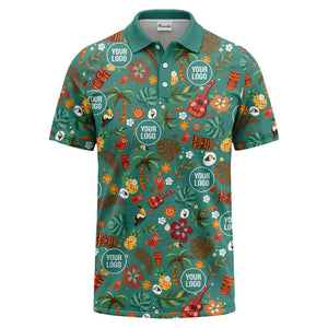 tiki masks palm trees ukuleles watercolor print polo shirt for men