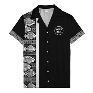 tribal fish & geometric border black white hawaiian shirt for men