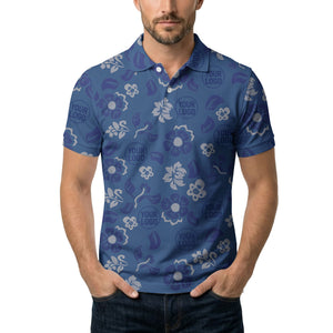 tropical blue floral logo repeating leaves polo shirt for men