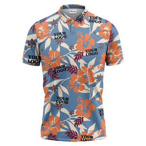 tropical illustrated floral paradise polo shirt bursting with hibiscus and palm leaves