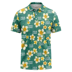 watercolor hibiscus & plumeria black aloha polo shirt for men