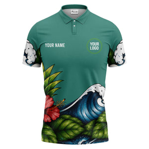 watercolor ocean wave palm leaf hibiscus floral navy blue polo shirt for men