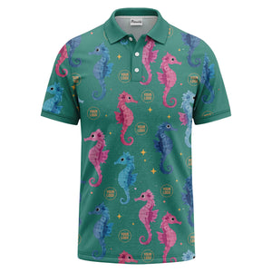 watercolor seahorse repeat marine life polo shirt in pink blue
