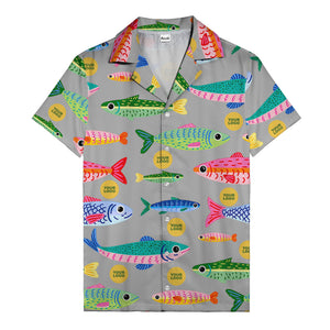 colorful cartoon fish & gold circle logo hawaiian shirt for men