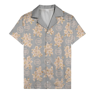 cream floral bouquets & gold circular logos watercolor hawaiian shirt